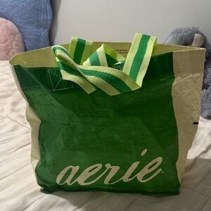 Aerie Green and Cream Tote with Striped Handles